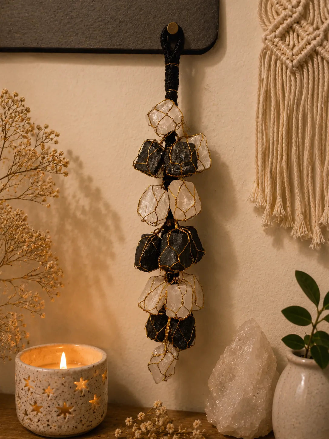 Selenite & Black Tourmaline Hanging Crystal Charm