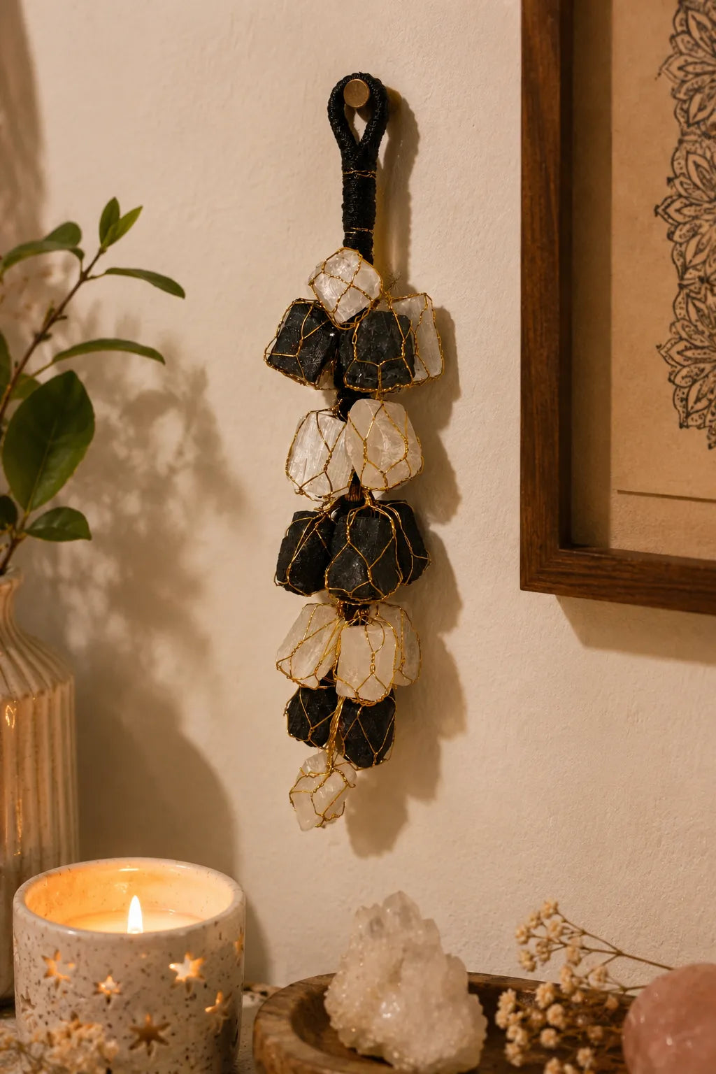 Selenite & Black Tourmaline Hanging Crystal Charm
